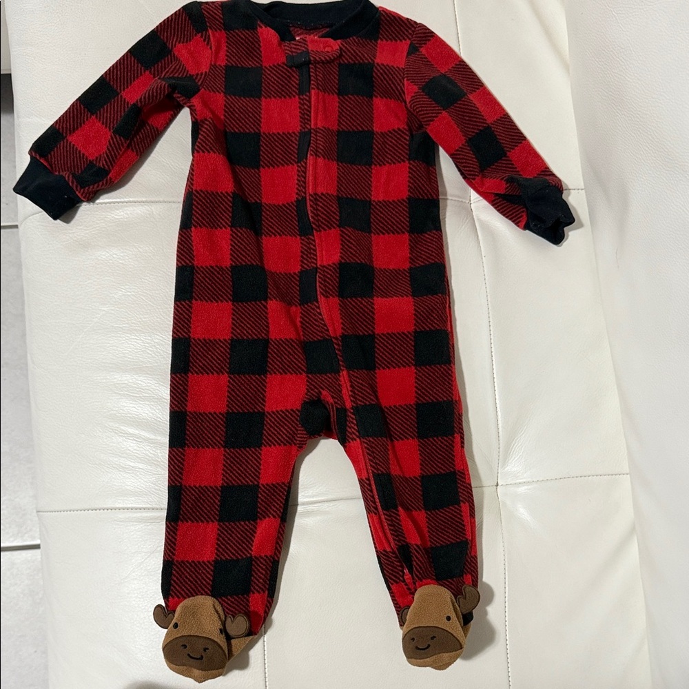 Carter's Red and Black Plaid One Piece with Reindeer Footies